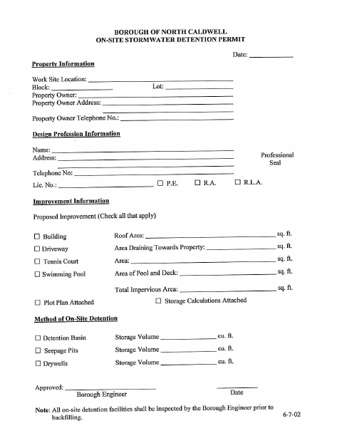 First page of the On-Site Stormwater Detention Permit