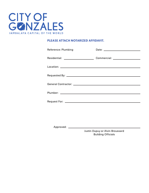 First page of the Temporary Gas Cut-In Plumbing Affidavit