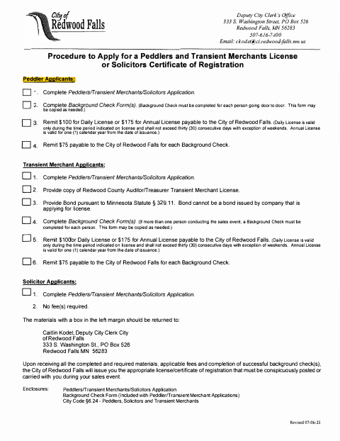 First page of the Peddlers, Transient Merchants and Solicitors Application