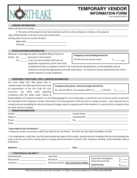 First page of the Temporary Vendor Information Form