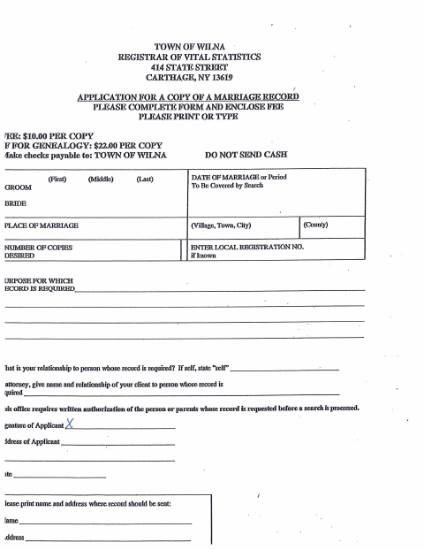 First page of the Application for a Copy of a Marriage Record