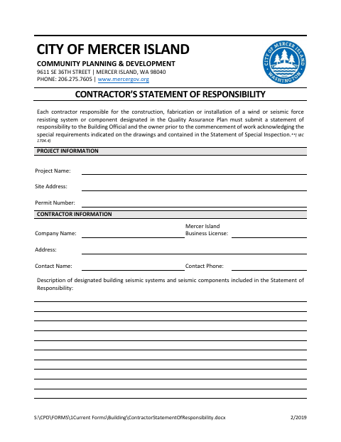 First page of the Contractor’s Statement of Responsibility