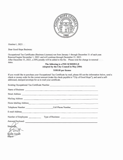 First page of the Business License Renewal Paperwork