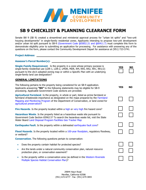 First page of the SB 9 Checklist & Planning Clearance Form