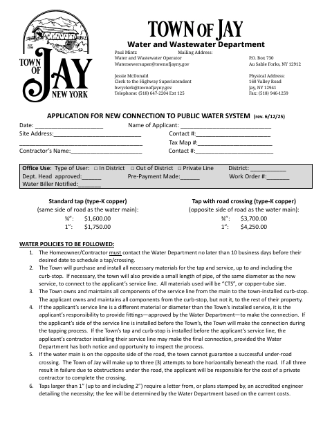 First page of the Application for New Connection to Public Water System