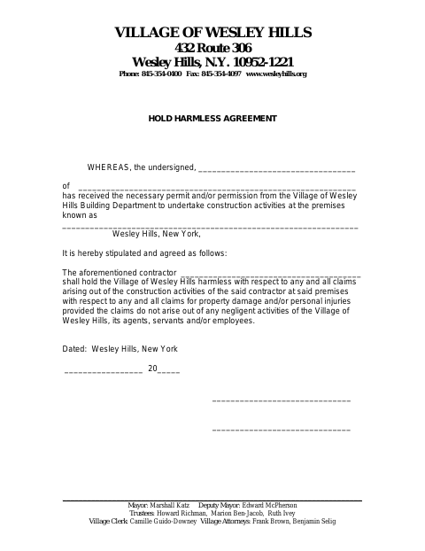 First page of the Hold Harmless Agreement