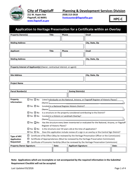 First page of the Application to Heritage Preservation for a Certificate Within an Overlay