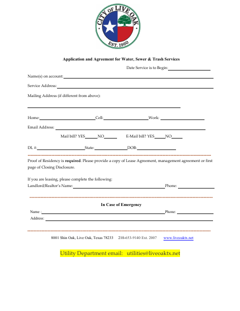 First page of the Application and Agreement for Water, Sewer & Trash Services