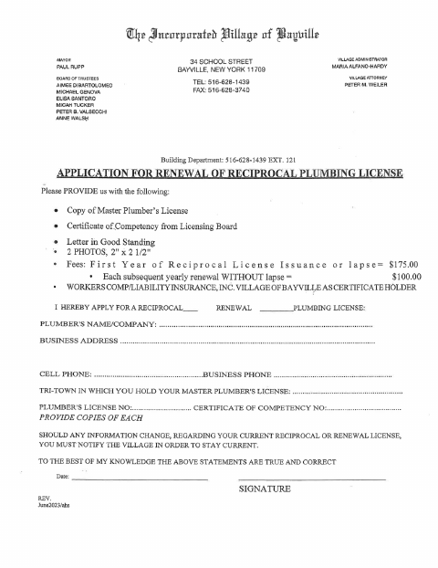 First page of the Reciprocal Plumbing License Renewal Application