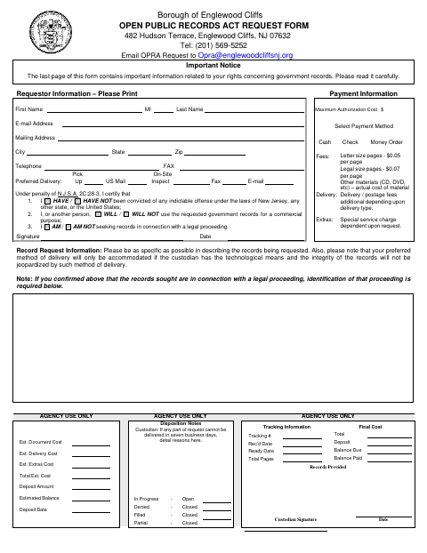 First page of the Open Public Records Act Request Form