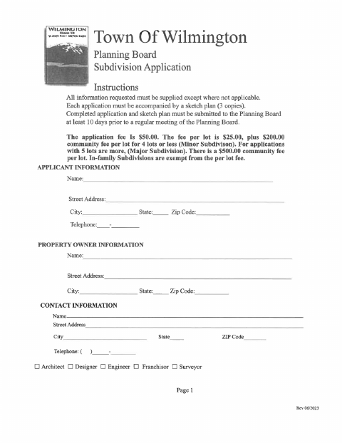 First page of the Subdivision Application