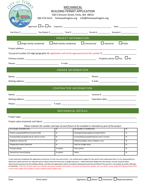 First page of the Mechanical Building Permit Application