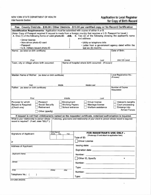 First page of the State Birth Record Request