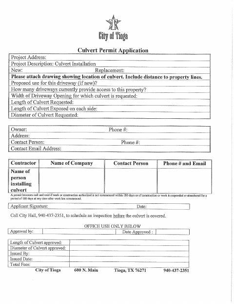 First page of the Culvert Permit Application