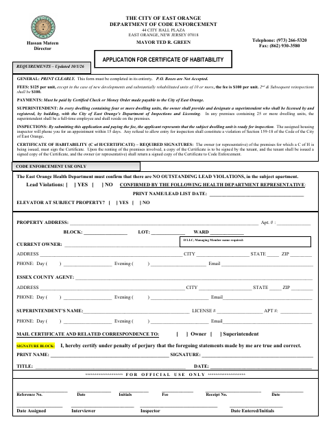 First page of the Application for Certificate of Habitability