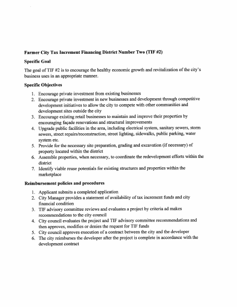 First page of the Tax Increment Financing District Two Assistance Application