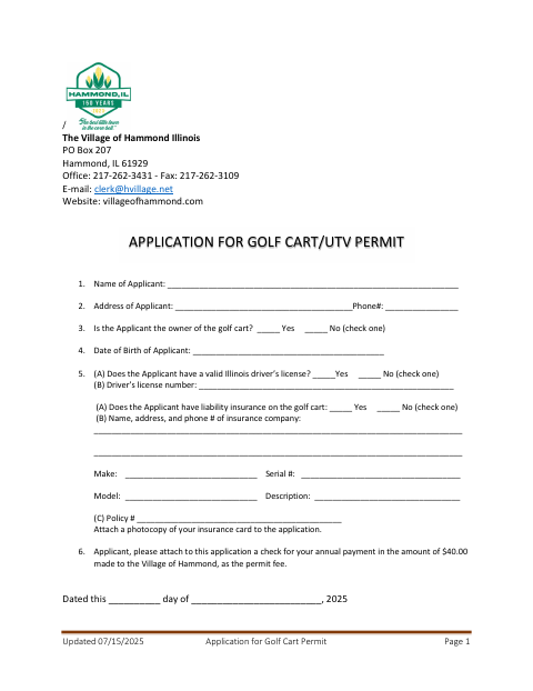 First page of the Golf Cart/UTV Permit Application