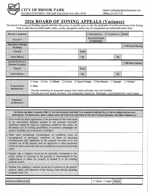 First page of the 2026 Board of Zoning and Appeals (Variance) Application