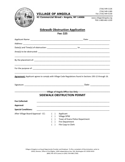 First page of the Sidewalk Obstruction Application