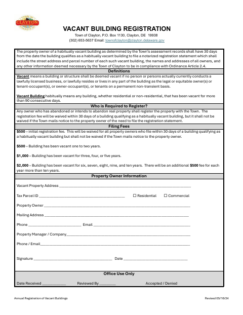 First page of the Annual Registration of Vacant Buildings