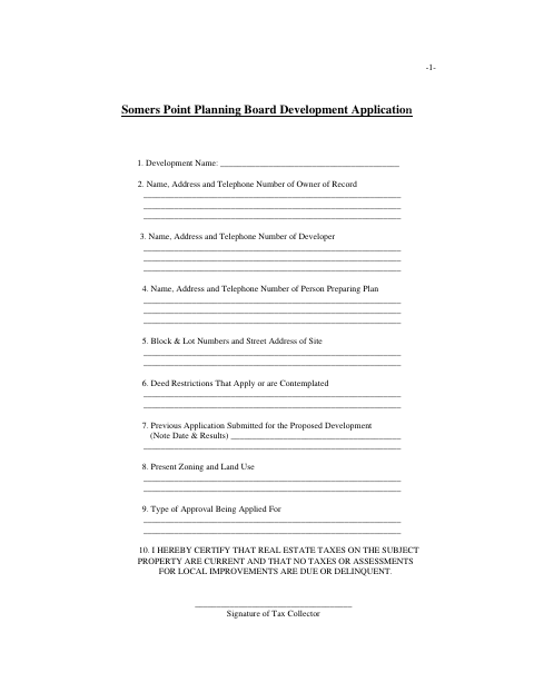 First page of the Planning Board Development Application
