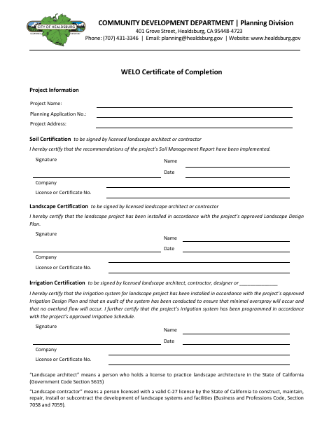 First page of the WELO Certificate of Completion