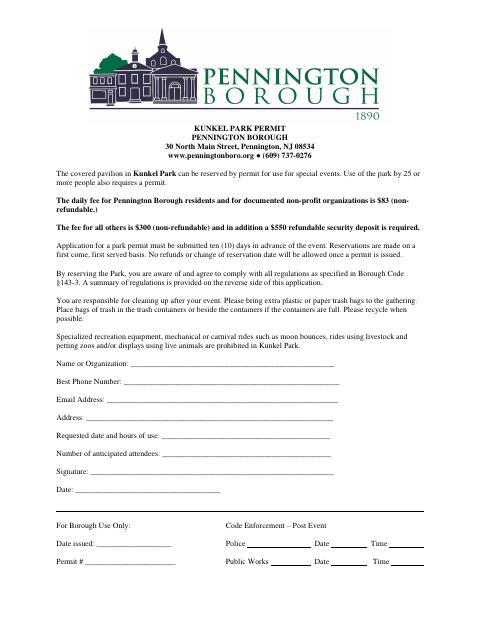 First page of the Kunkel Park Permit