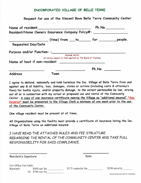 First page of the Community Center Rental Form