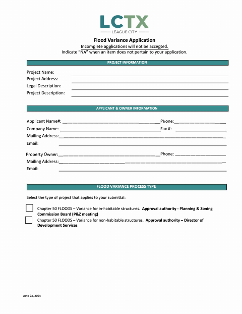 First page of the Flood Variance Application