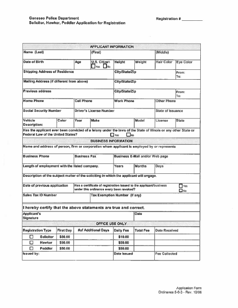 First page of the Solicitor, Hawker, Peddler Application for Registration