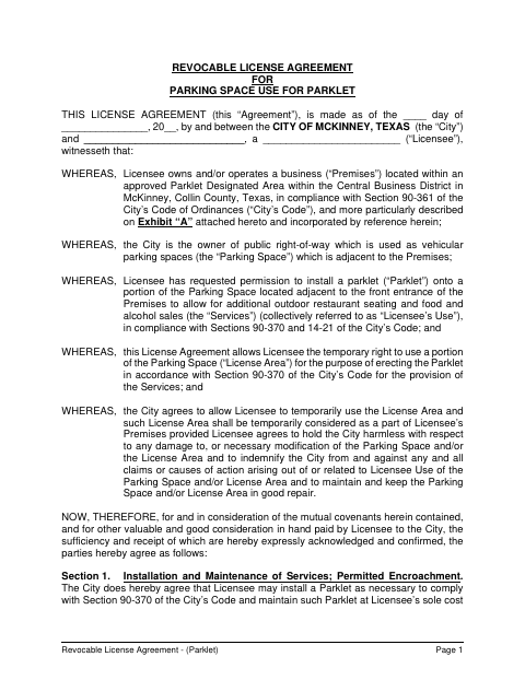 First page of the Revocable License Agreement for Parking Space Use for Parklet