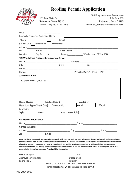 First page of the Roofing Permit Application