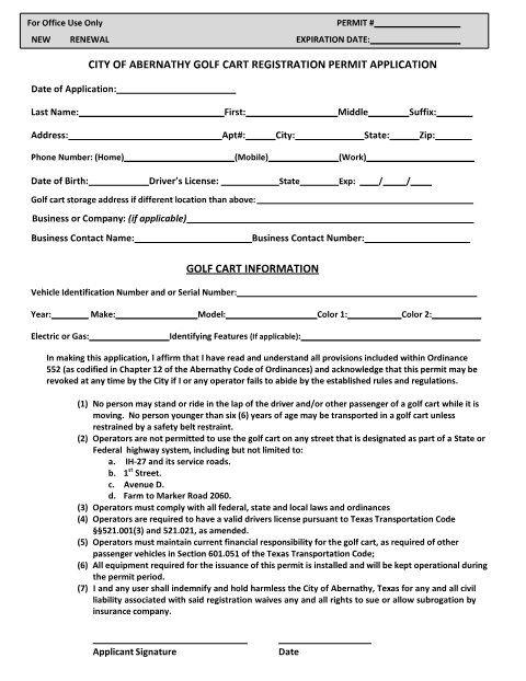 First page of the Golf Cart Registration Permit Application