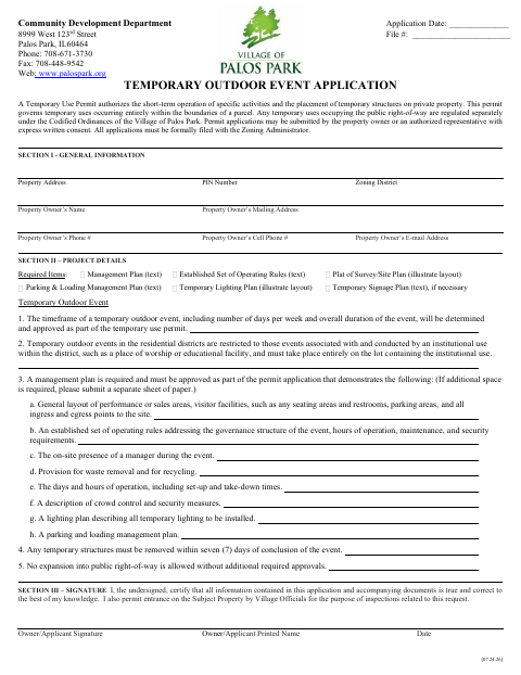 First page of the Temporary Outdoor Event Application