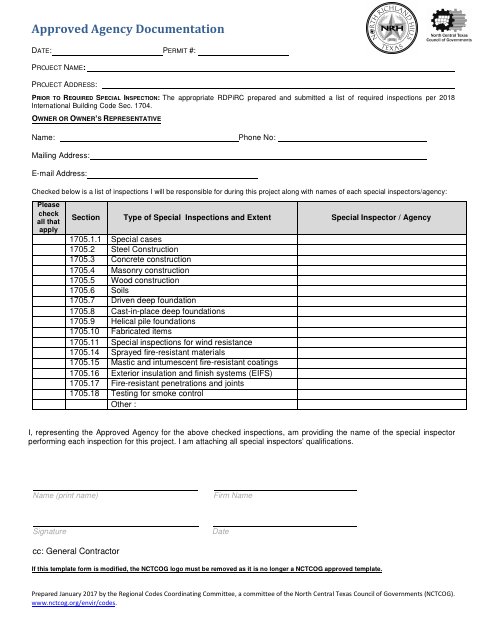 First page of the Approved Agency Documentation