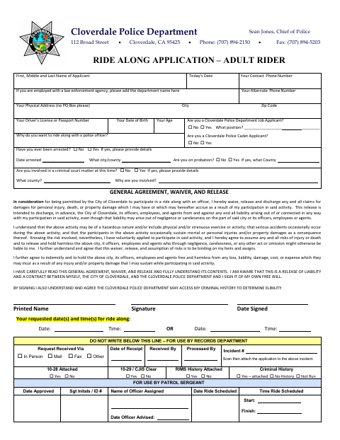 First page of the Ride Along Application – Adult Rider