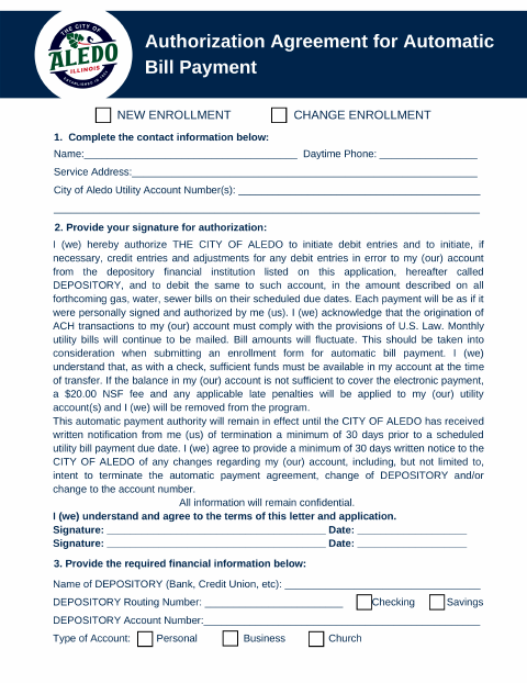 First page of the Authorization Agreement for Automatic Bill Payment