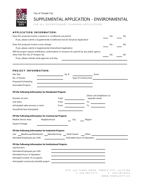 First page of the Supplemental Application - Environmental