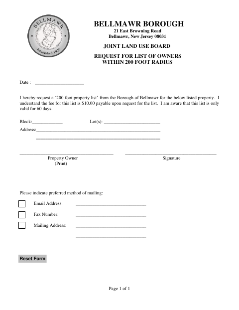 First page of the Joint Land Use Board Request for List of Owners Within 200 Foot Radius