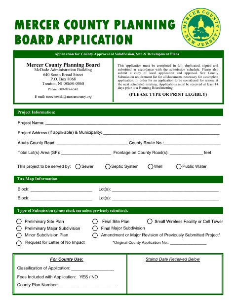 First page of the Mercer County Planning Board Application