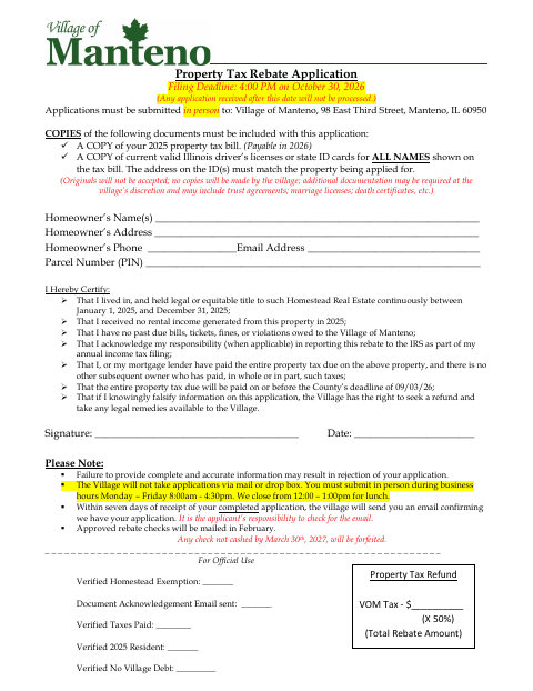 First page of the Property Tax Rebate Application