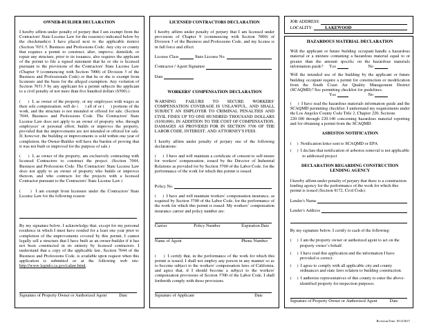 First page of the Owner-Builder Declaration