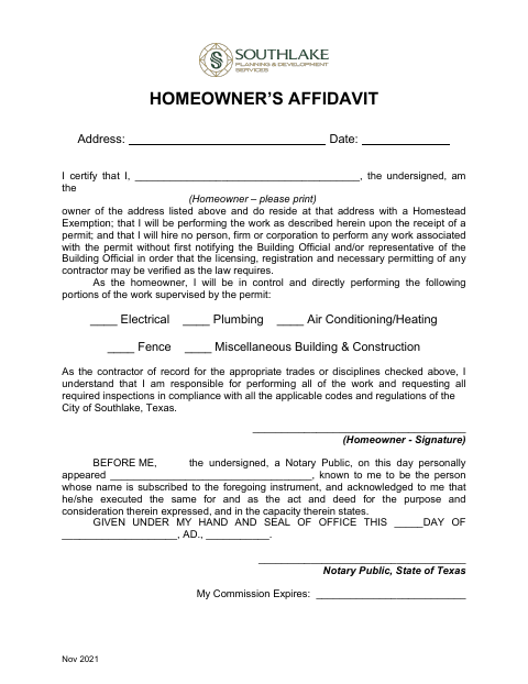 First page of the Homeowner’s Affidavit
