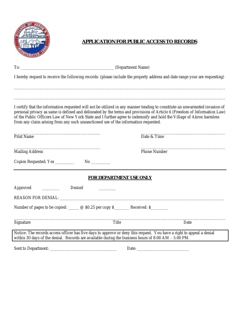 First page of the Application for Public Access to Records