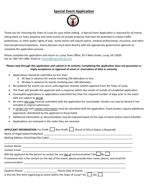 First page of the Special Event Application