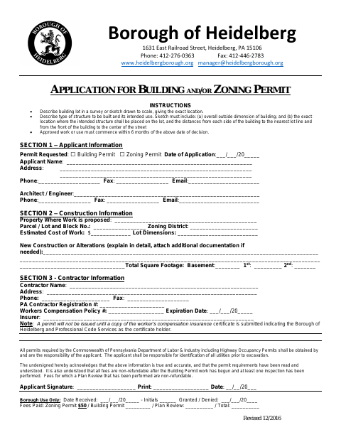 First page of the Application for Building and/or Zoning Permit