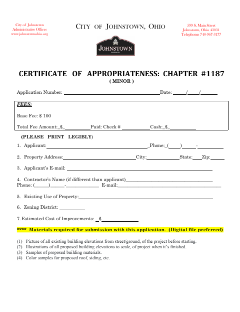 First page of the Certificate of Appropriateness: Chapter 1187 (Minor)