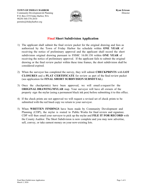 First page of the Final Short Subdivision Application