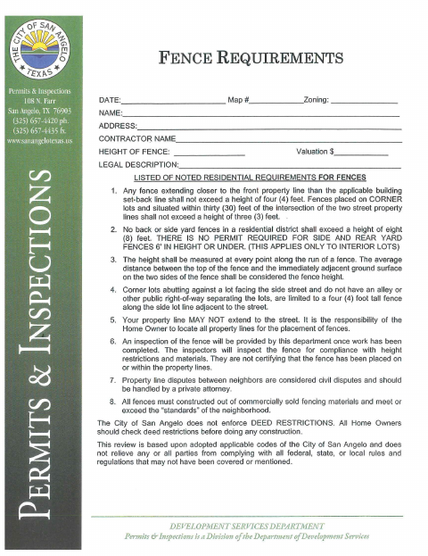 First page of the Residential Fence Application