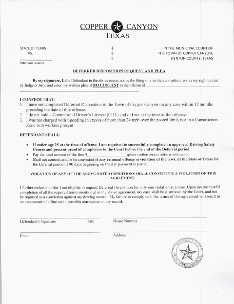 First page of the Deferred Disposition Request and Plea
